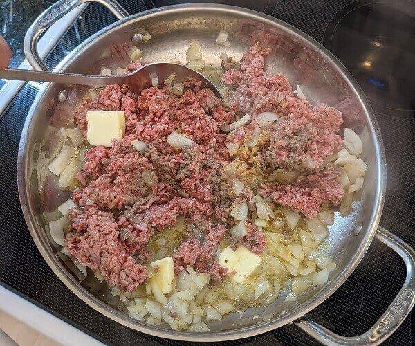Saute onions mushrooms and brown the ground beef