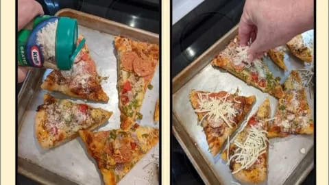 add extra toppings to reheat pizza in an oven