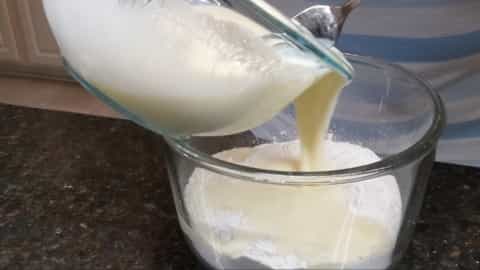 add wet mixture into dry mix until batter is thick for old fashioned buttermilk pancakes recipe