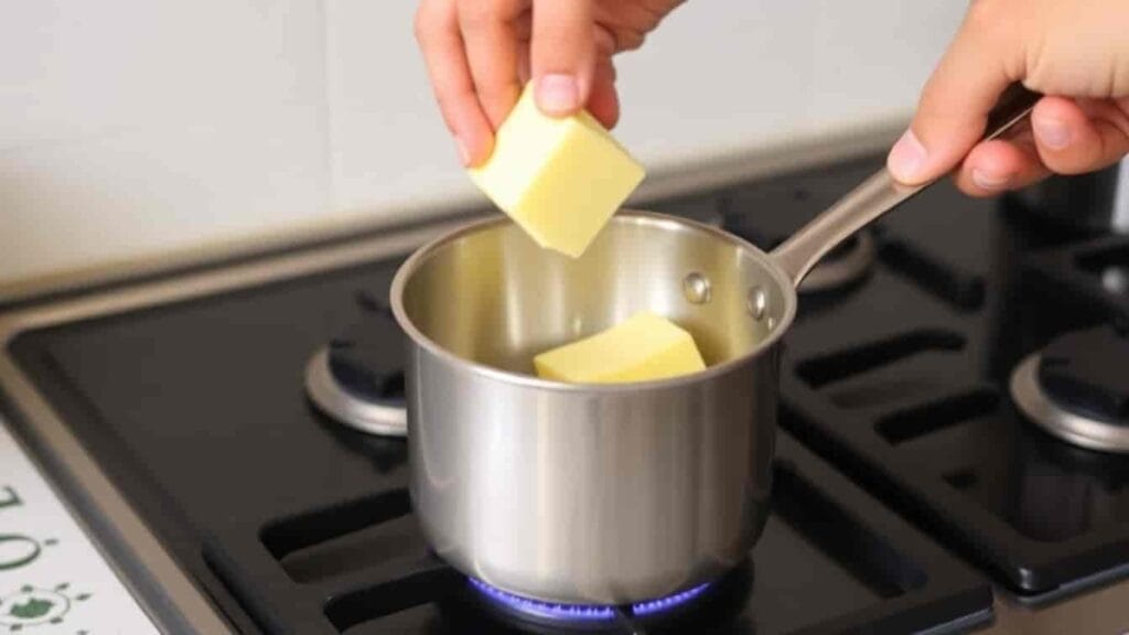 adding butter to saucepan to make mustard and honey glaze for ham