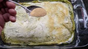 adding garlic powder and salt onto sour cream of 7 layer dip recipe