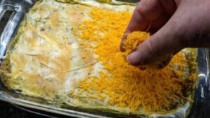 adding layer 4 of shredded cheddar cheese onto 7 layer dip recipe