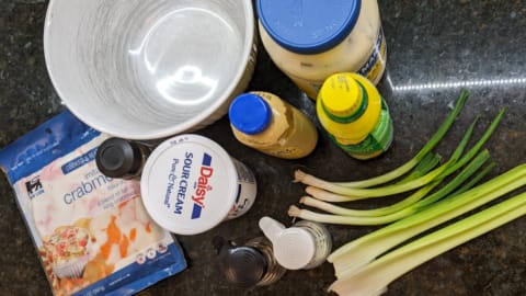 all fresh ingredients to start making crab salad sandwich