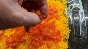 applying layer 5 of diced tomatoes to 7 layer dip recipe