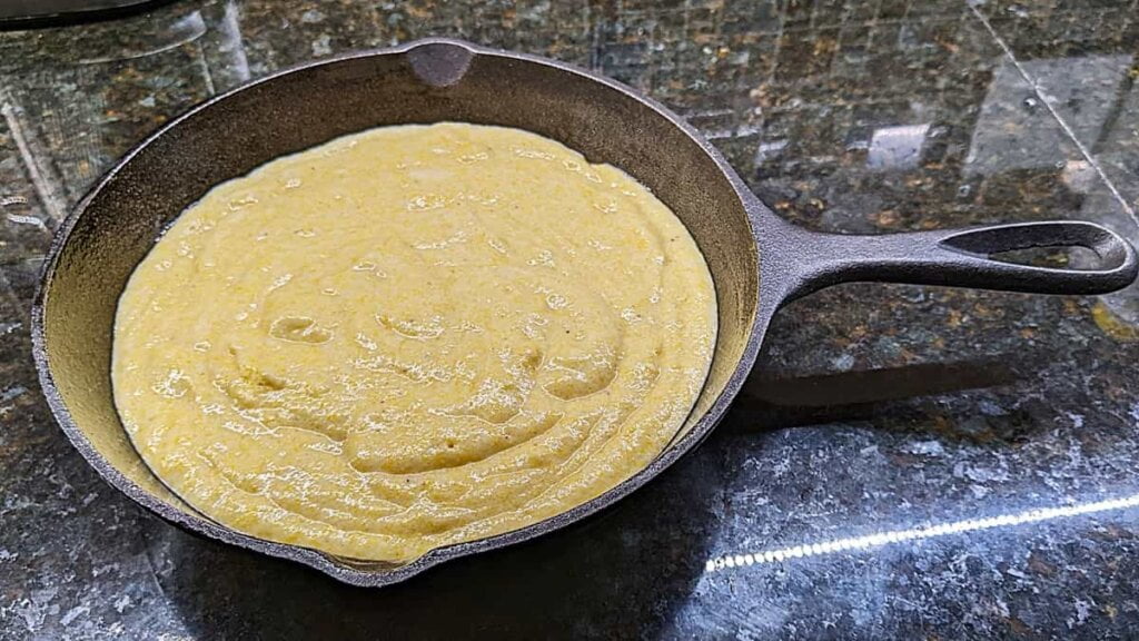 batter in 6 inch cast iron skillet for small batch cornbread recipe