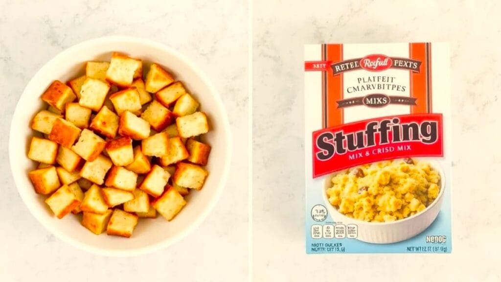 bread cubes and boxed stuffing mix side by side