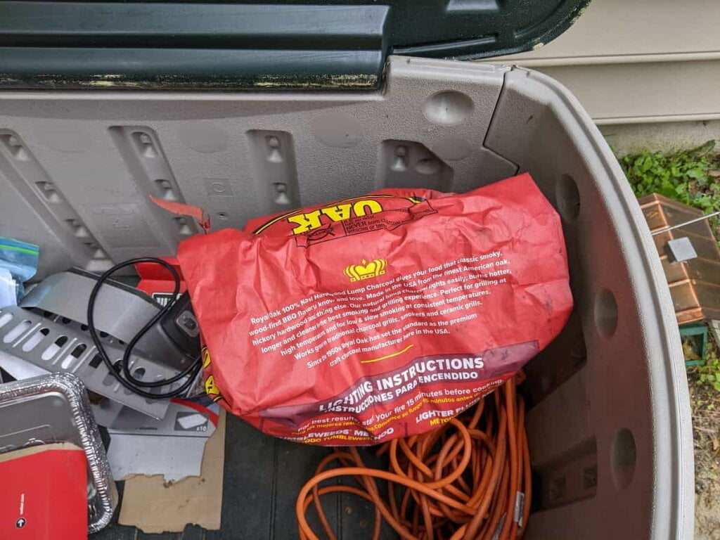 charcoal bag stored in a dry storage bin