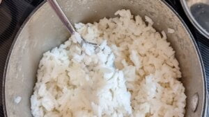 Cooked white rice for stir fry pork