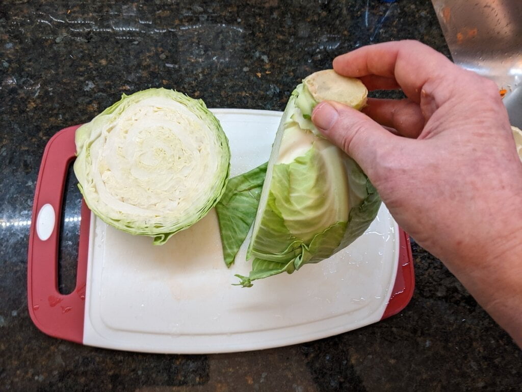 how to cut a cabbage with core head on top then cut away each half