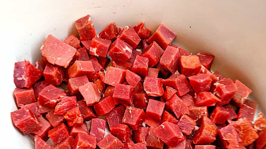 cube the meat for London Broil Beef Stew Slow Cooker