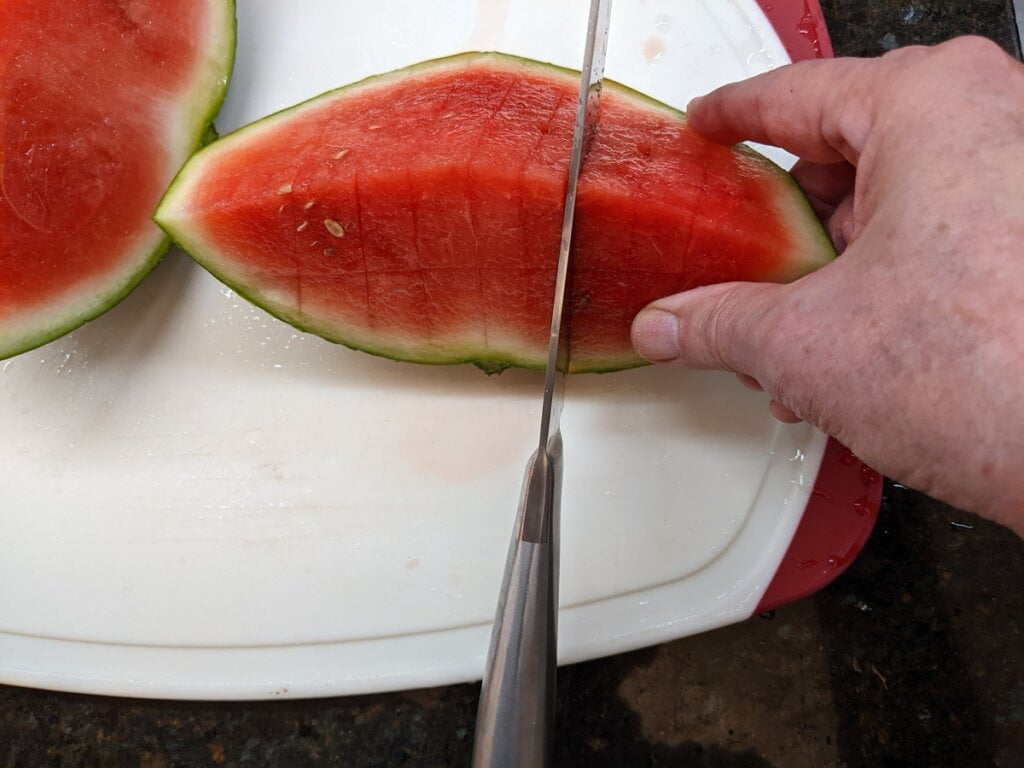 Cut downward to make columns in the watermelon section cut downward to make columns in the watermelon section