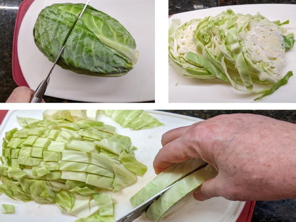 Cutting immediate slices or large section of cabbage