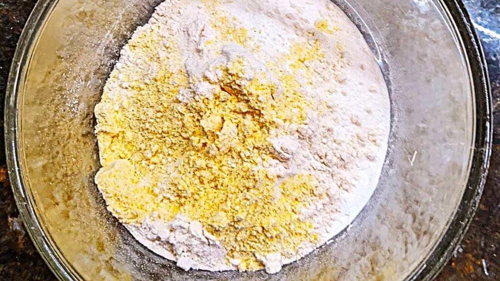 dry ingredients in mixing bowl for buttermilk cornbread muffins