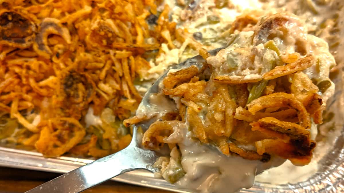 french bean casserole finished serving with crispy onion topping