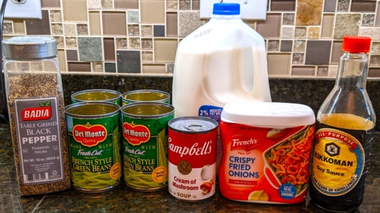 ingredients for french bean casserole cream of mushroom soup canned french style green beans fried onions milk soy sauce