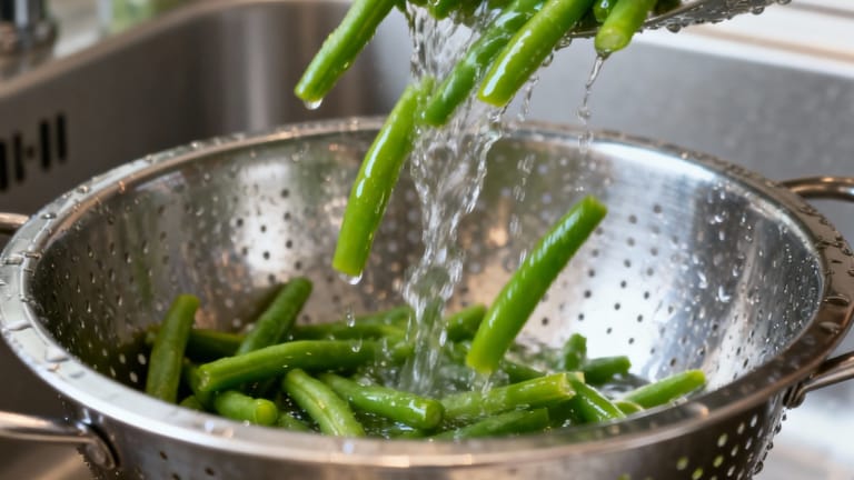fresh french style green beans drained in colander