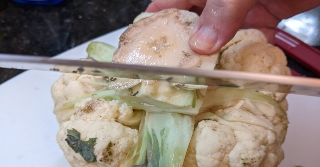 go around again to cut deeper trimming of cauliflower core