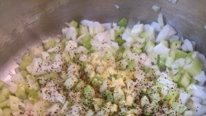 Initial ingredients for cream of celery soup in pot