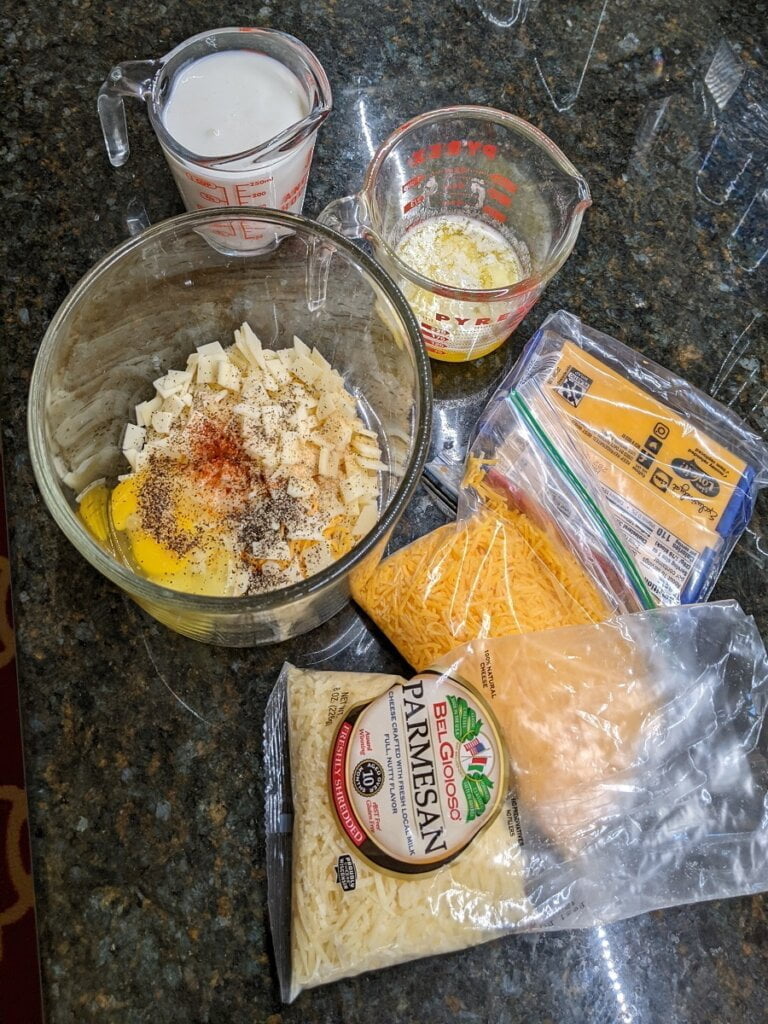 Macaroni and 3 cheese ingredients Baked Mac n Cheese Southern Recipe ingredients