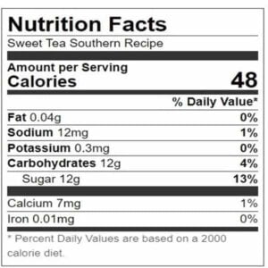 nutrition label for southern sweet tea recipe