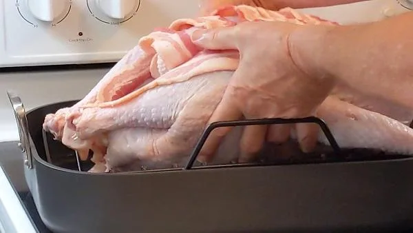 set turkey into roasting pan on rack