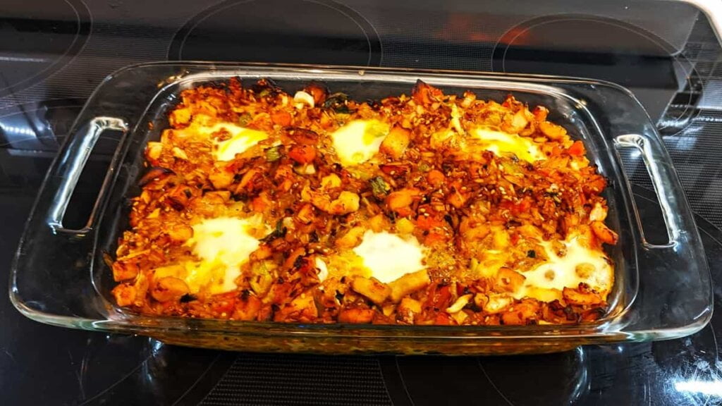 presenting final baked asian chicken and rice casserole