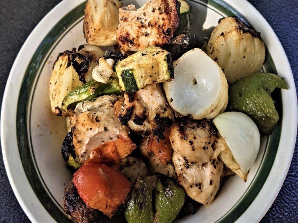 shish kabobs in a serving bowl