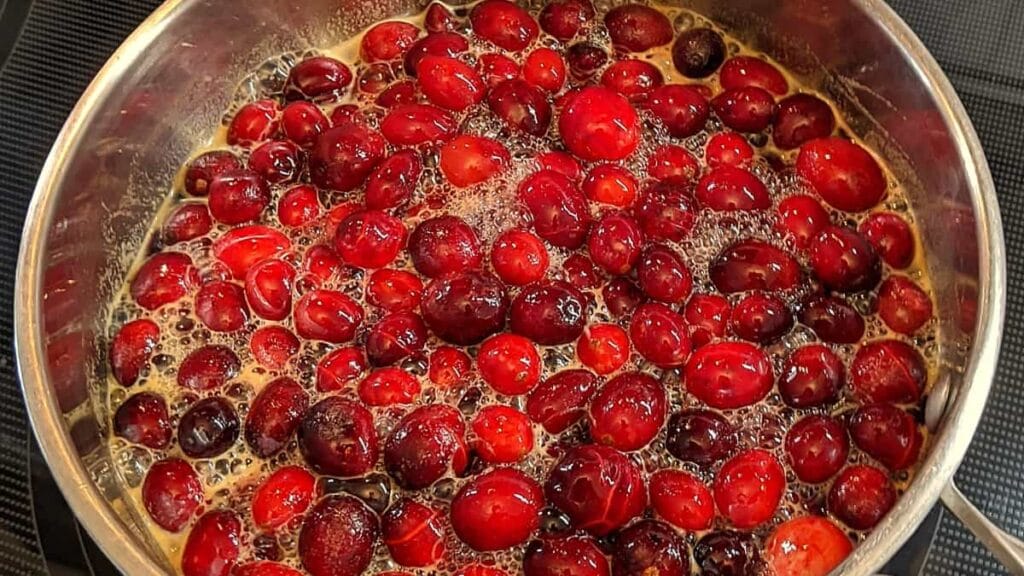 starting to cook fresh cranberry sauce recipe