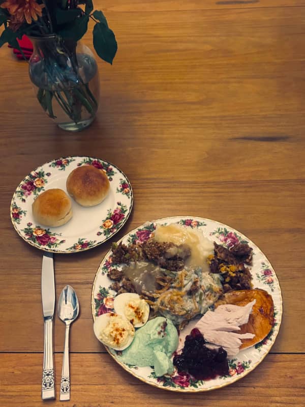 traditional thanksgiving dinner menu plate with all the trimmings