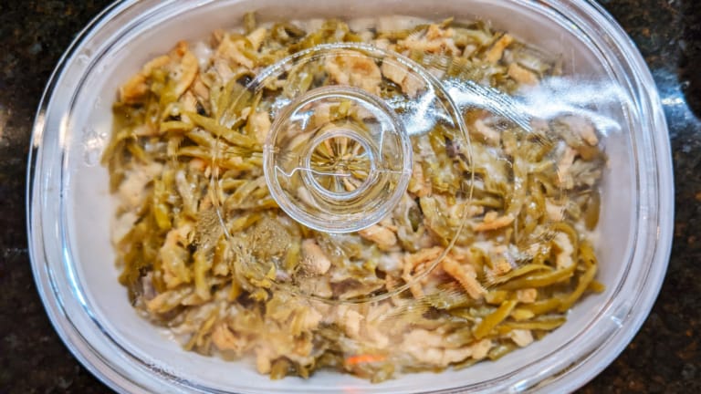 uncooked french bean casserole in baking dish ready for oven